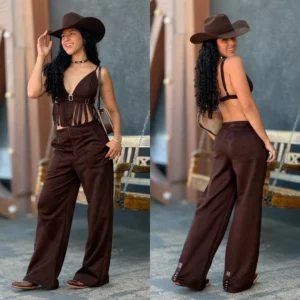 Conjunto Outlaw Top e Calça em Suede - Marrom